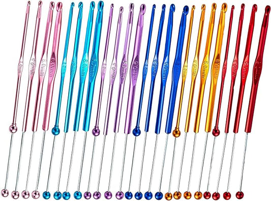 24 Pack DIY Beadable Crochet Hooks Knitting Needles Set Aluminum Handle for Focal Beads Colors (Blue Purple Red Orange Pink Light Blue, 3mm-6 mm)