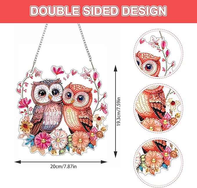 Lxmsja DIY Two Owls Diamond Painting Hanging Ornament, Double-Sided Acrylic Flowers Tree Branch Diamond Art Kit, Special Shaped Suncatcher Hanging Pendant Window Art Kit 8x8 inch