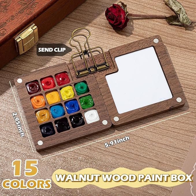 Mini Watercolor Travel Paint Set, Travel Watercolor Set, Portable Artist Palette Sets with Colours, Book,Binder Clips,Pens,Wooden Paint Box for Painters Artists Student (15 Grids)