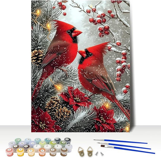 MAXBYE Cardinal Paint by Number, Snow Scene Adults' Paint by Number Kits, DIY Acrylic Paint Kit for Adults Beginners, Christmas Berries Oil Paint by Numbers Canvas for Home Wall Decor 12x16inch