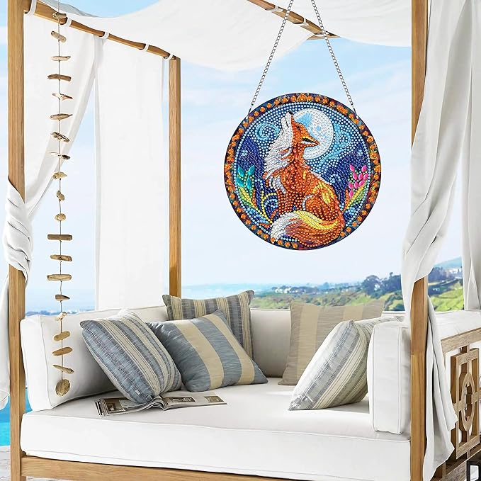 VAIIEYO Fox Diamond Painting Hanging, Animal Diamond Painting Suncatchers Double Side Window Hanging Kit with Chain, 7.5x7.5 inch Crystal Pendant Art Craft for Gift Home Wall Front Door Decoration