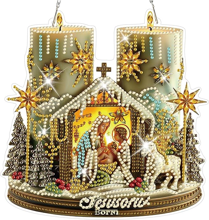 HEIBAGO Nativity Scene Diamond Art Hanging Kits for Adults Kids, 5D Special Shaped Crystal Diamond Painting Kit, DIY Pattern Window Pendant Gem Art Kit for Home Wall Decor 8.3 x 8.3 Inch