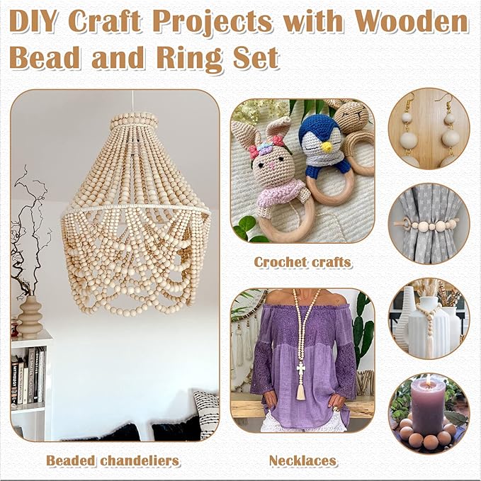 Wooden Beads for Crafts, 660 Pcs Natural Loose Wood Beads Rings Bulk Include Unfinished Beads with Holes, Smooth Wooden Ring, Polygon Spacer Beads Twine for Ornament Jewelry Making Home Garland Décor