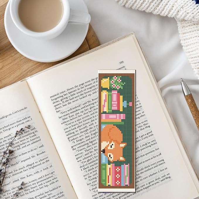 FREEBLOSS 6 Set Cross Stitch Bookmark Kits Fox Bookshelf Pattern Stamped Embroidery Kit Stitch Bookmarks DIY Book Marks Printed Cross Stitch Kits with Instructions for Beginners Adults, 8''x2.4''