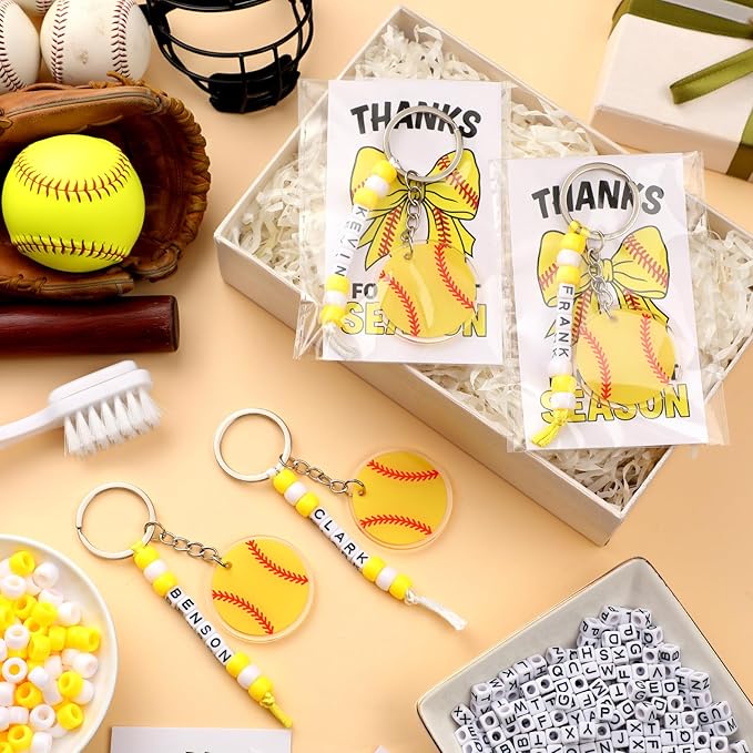 Suncalla 984 Pcs 24 Set Softball Keychain Making Kit DIY Ball Bag Tag Softball Party Favors Accessories Sport Key Chain Crafts Adjustable Name Beads Cards Strings Kit Senior Team Night Graduation Gift