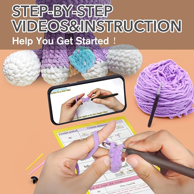 codgp crochet kit for beginners,11.8in crochet animal kit hippo,crochet starter kit gift for adults kids with yarn sets,amigurumi crochet kit with step-by-step video tutorials