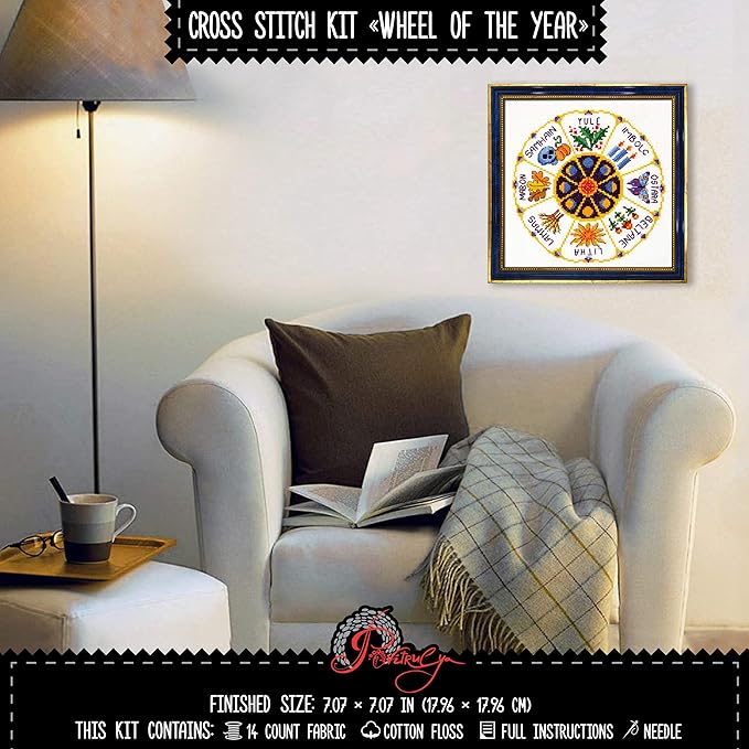 Povitrulya Counted Cross Stitch Kit Wheel of The Year - DIY Hand Embroidery Set, Pagan Celtic Wiccan Calendar, Pattern with Witchy Design for Adults, Norse Home Decor, Halloween Seasonal Gift