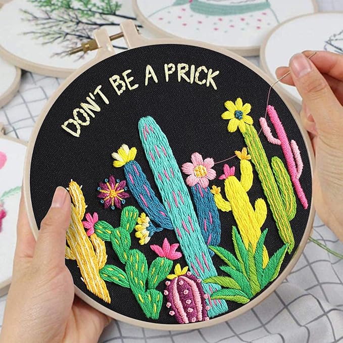 Louise Maelys Cactus Embroidery Kit Canvas Tote Bag for Beginners,Cross Stitch Kits for Adults,DIY Funny Plant Flowers Pattern,Women Shopping Reusable Grocery Bags