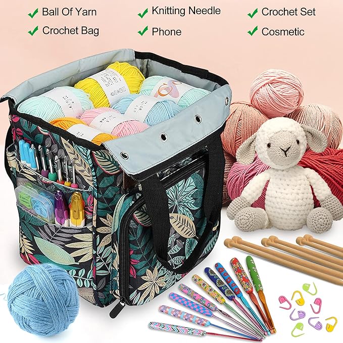 Coopay Crochet & Knitting Tote, Traveling Craft Tote Organizer for Hooks, Needles, Skein, Diamond Painting, Supplies (Forest Green)