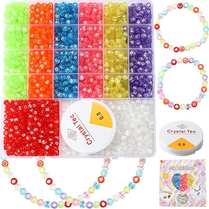 nikkiGuo 1250pcs 4x7mm White Round Acrylic Alphabet Beads A-Z Heart Beads with Numbers Crystal Line for Jewelry Bracelet, Necklace and Key Chains (Transparent Color)