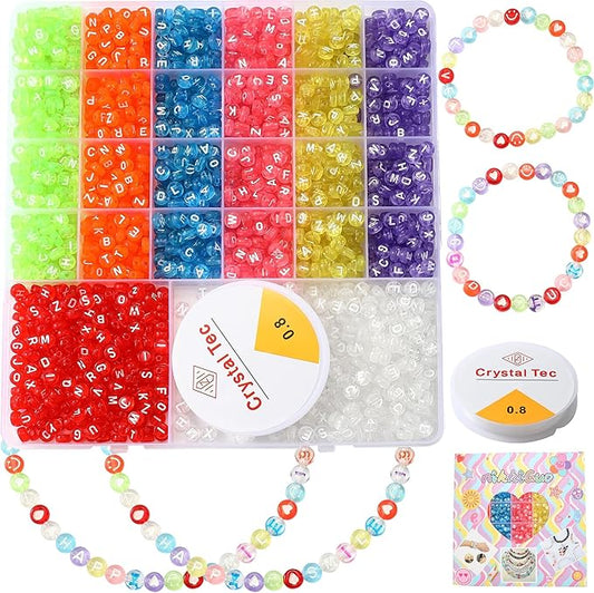 nikkiGuo 1250pcs 4x7mm White Round Acrylic Alphabet Beads A-Z Heart Beads with Numbers Crystal Line for Jewelry Bracelet, Necklace and Key Chains (Transparent Color)