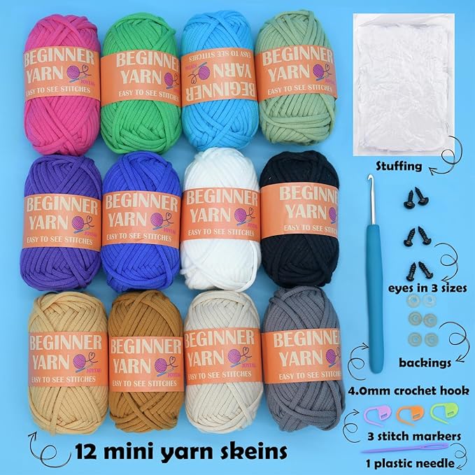12 Pack Beginners Crochet Yarn Coffee Brown Beige Grey Cotton Easy Crochet Yarn for Crocheting Knitting Beginners with Easy-to-See Stitches Multiclor Mini Beginner Crochet Kit(12x25g)