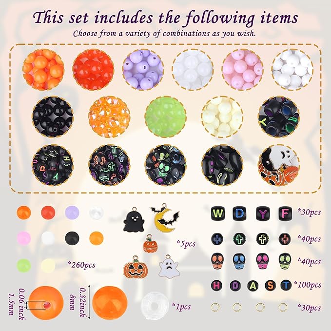 XIANNVXI 480pcs 23color Halloween Glass Beads Jewelry Making Kit Black Orange Purple White Friendship Bracelet Supplies with Halloween Pattern Beads Crafts