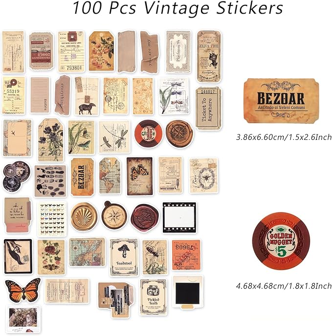 100 Pcs Vintage Stickers, Aesthetic Waterproof Decals for Water Bottle Laptop Computer Skateboard Bumper, Vsco Butterfly Vinyl Stickers for Kids Teens Girls
