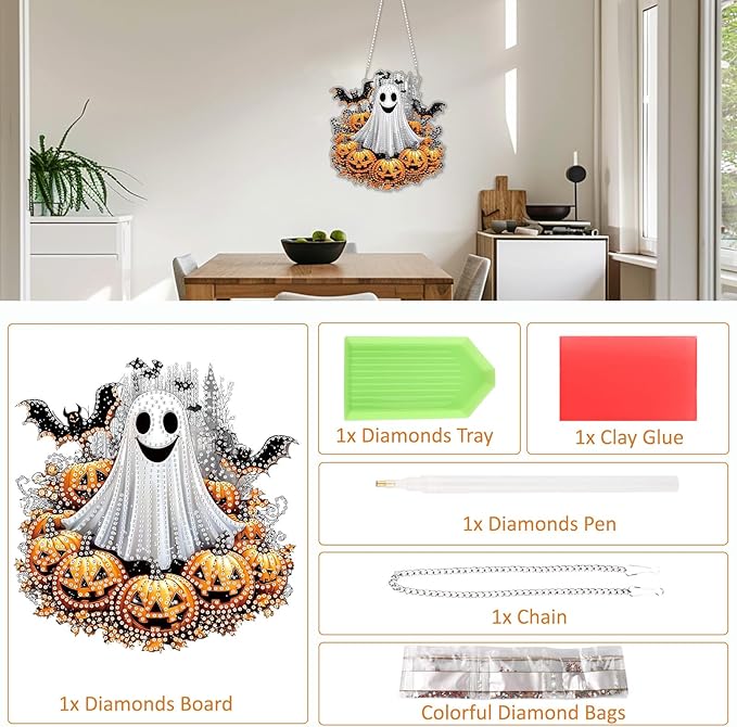 SENQAO Ghost Diamond Art Hanging Kits for Adults, Acrylic Diamonds Painting Pendant Board Kits Halloween Pumpkin, Diamond Art Painting Window Pendants Home Garden Wall Hanging Kits Hanging Ornament