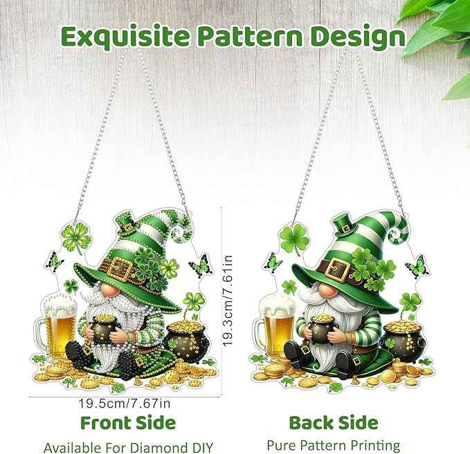 MEIYUDA St. Patrick's Day Hanging Diamond Art Kits for Adult, Beer Clover Gnome Diamond Painting Kits Ornaments, DIY Special Shaped Rhinestone Window Pendants kit for Home Garden Wall Decor Gift