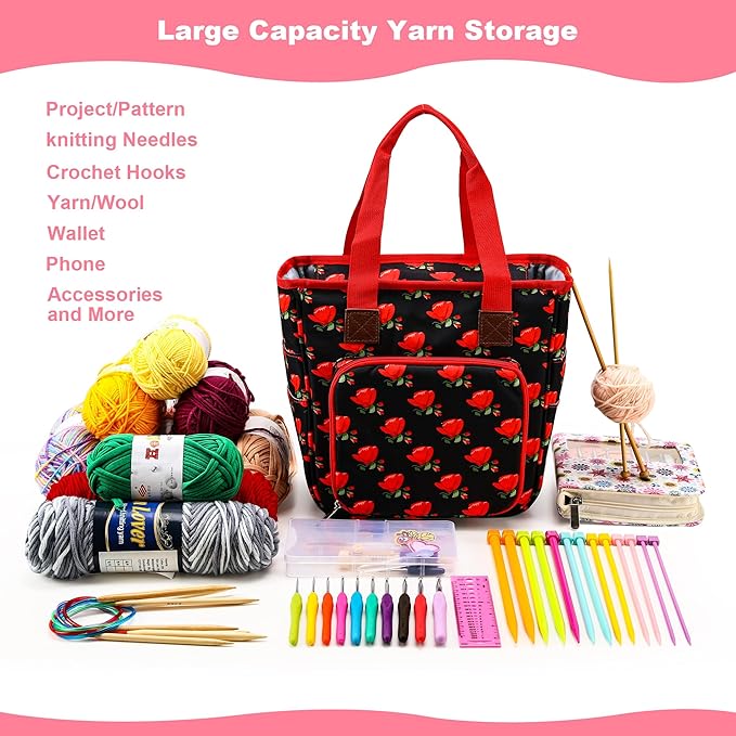 LOOEN Knitting Tote Bag with Yarn Hole, Crochet Bag Storage Organizer, Knitting Bag with Hole,Crochet Storage（Dainty Rose）
