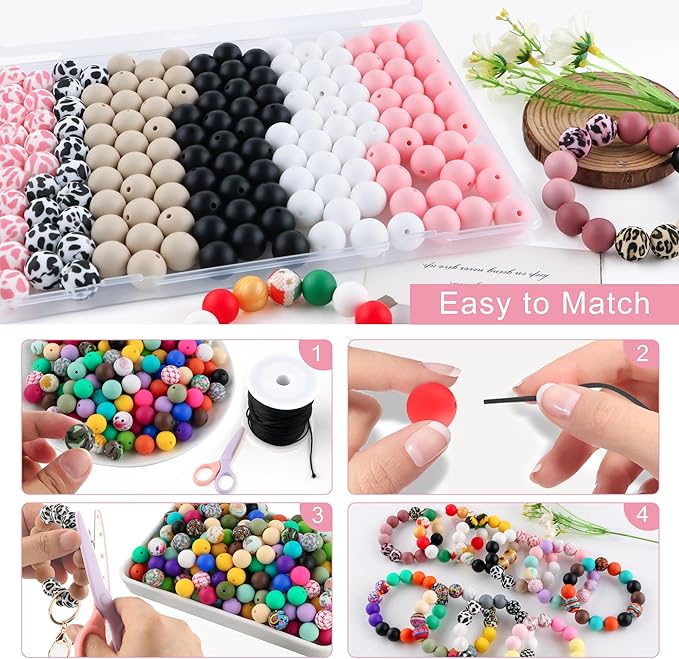 150Pcs Mixed Color 15mm Silicone Beads for Keychain Making, Pink Black Cow Print Silicone Beads for Pens and Bracelet Jewelry Making