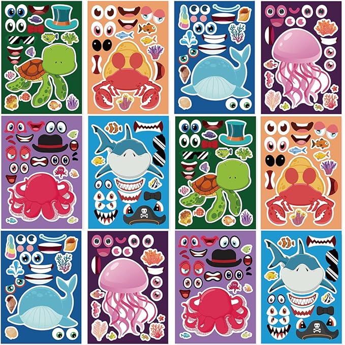 24 sheets 8.27''×5.9'' make your own sea animals stickers for kids toddlers, make a face stickers for kids party favors activities