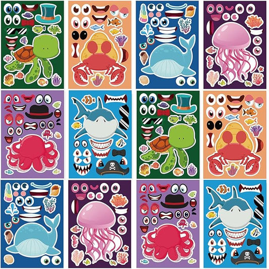 24 sheets 8.27''×5.9'' make your own sea animals stickers for kids toddlers, make a face stickers for kids party favors activities