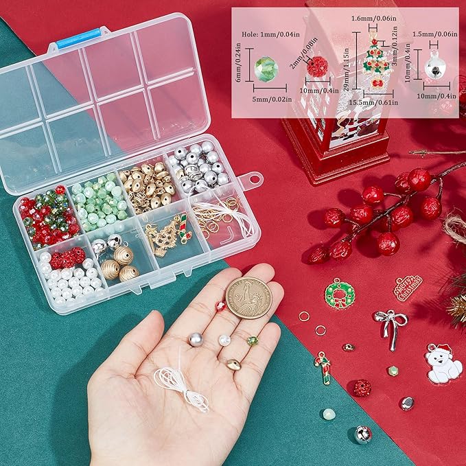 SUNNYCLUE 1 Box 275Pcs DIY 6 Set Christmas Bracelet Making Kit Christmas Bracelets Bulk Winter Snow Christmas Tree Charms Glass Beads for Jewelry Making Kits Beginners Adults Women DIY Gift Craft