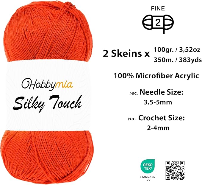 Silky Touch Acrylic Yarn - Soft Sport Weight Yarn for Crochet & Knitting - 100g / 383yds - 100% Microfiber Acrylic - Lightweight Fine Smooth Yarn(Orange - Dark Orange, 2 Skeins)
