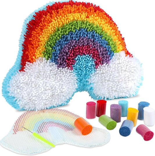 Justforjoyful Rainbow Latch Hook Kit Rainbow Pillow DIY Craft Kit for Making Your Own DIY Pillow Valentine's Day Craft Kit for Pattern Paint Cross Sewing Sofa Cushion Plush Gift