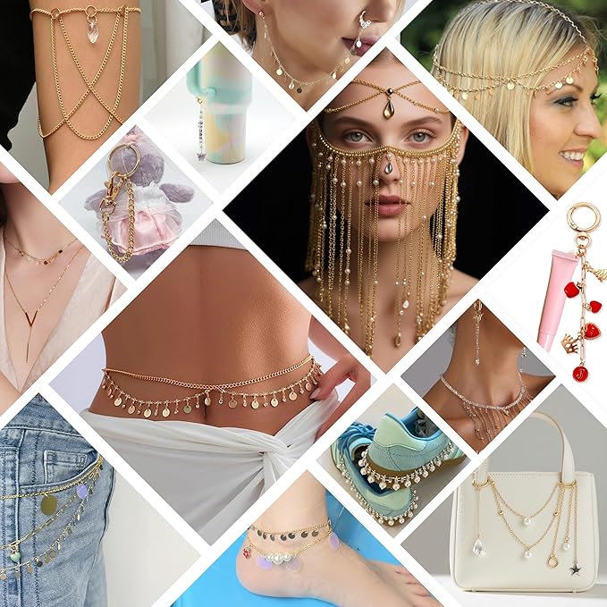 1014pcs Chains Jewelry Making Kit, DIY Keychain Earrings Bracelet Necklace Waist/Head/Thigh/foot/Shoes Chains Cup Charm,All in One Kit Contains Metal Chains Pendants Clasps Self-seal Bags for Gift