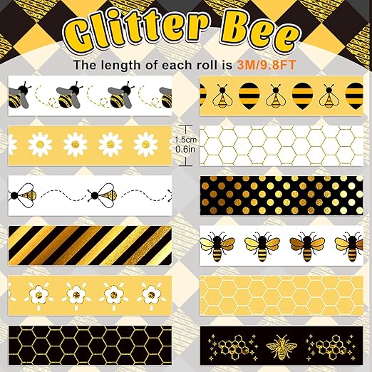 Whaline 12 Rolls Bee Washi Tape Foil Gold Honey Bee Washi Masking Tape 0.6 Inch Wide Bumblebee Honeycomb Daisy Print Decorative Adhesive Masking Tapes for Scrapbook Gift Wrapping DIY Art Crafts