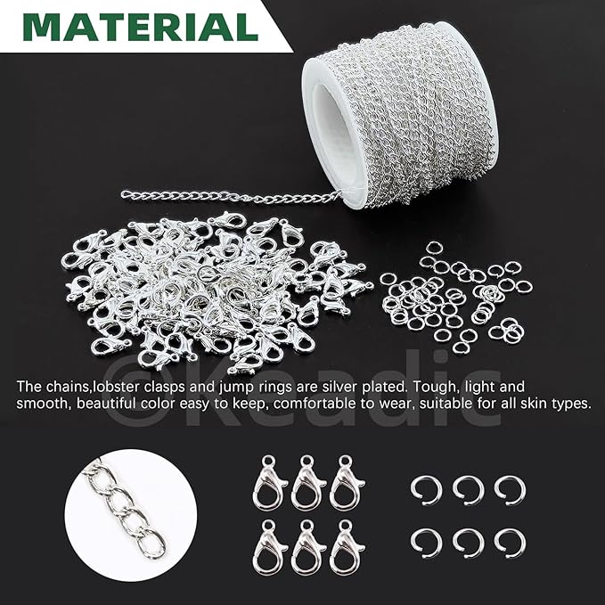Keadic 102Pcs 30 Feet Jewelry Making Chains Kit W 3mm Metal Necklace Twisted Links Chain, Lobster Clasps, Open Jump Rings and Jewelry Pliers for Bracelet Earring Anklet DIY (Silver)