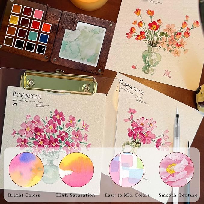 Mini Watercolor Paint Set - 15 Color Travel Watercolor Palette Set - Portable Water Color Paint Set with Binder Clips, Watercolor Brush Pens, Wooden Box for Beginners Painters Artists Student