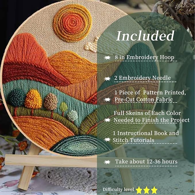 FONNUY Embroidery Kit for Beginners, Textured Vibrant Nature Landscape Pre-Stamped Pattern Kits for Adults with Hoop, Easy to Follow Color Thread Needlework, 8'' Hoop (Red 2)