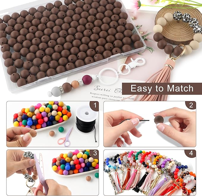 150 Pcs Silicone Beads, 15mm Round, Chocolate, for Keychain, Bracelet, Necklace Making and Pens