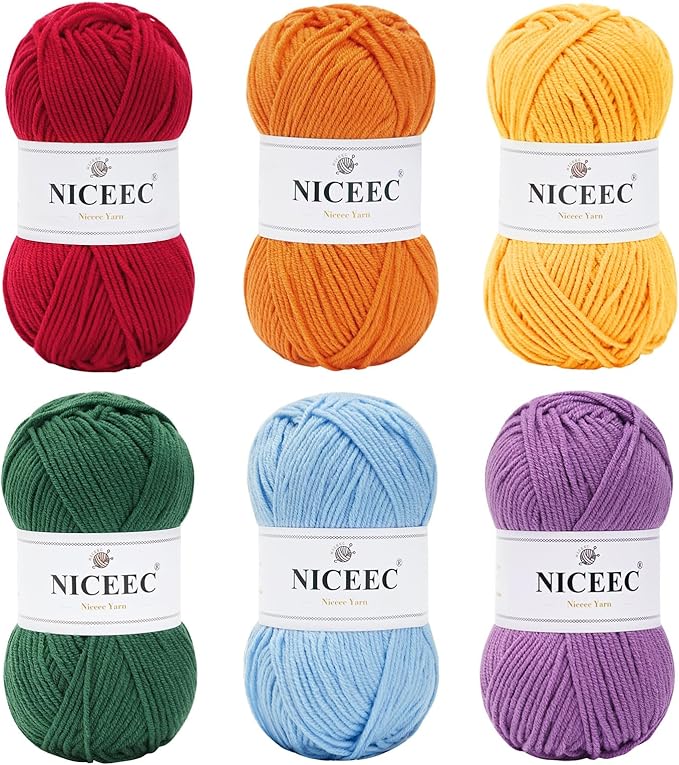 NICEEC 300g Soft Assorted Colors Yarn - Sport Weight,100% Acrylic, 4 Ply, Bonbons Yarn for Crochet & Knit, DIY Project Starter Kit for Kids or Adults(Total 870yds) - Rainbow