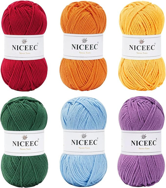 NICEEC 300g Soft Assorted Colors Yarn - Sport Weight,100% Acrylic, 4 Ply, Bonbons Yarn for Crochet & Knit, DIY Project Starter Kit for Kids or Adults(Total 870yds) - Rainbow