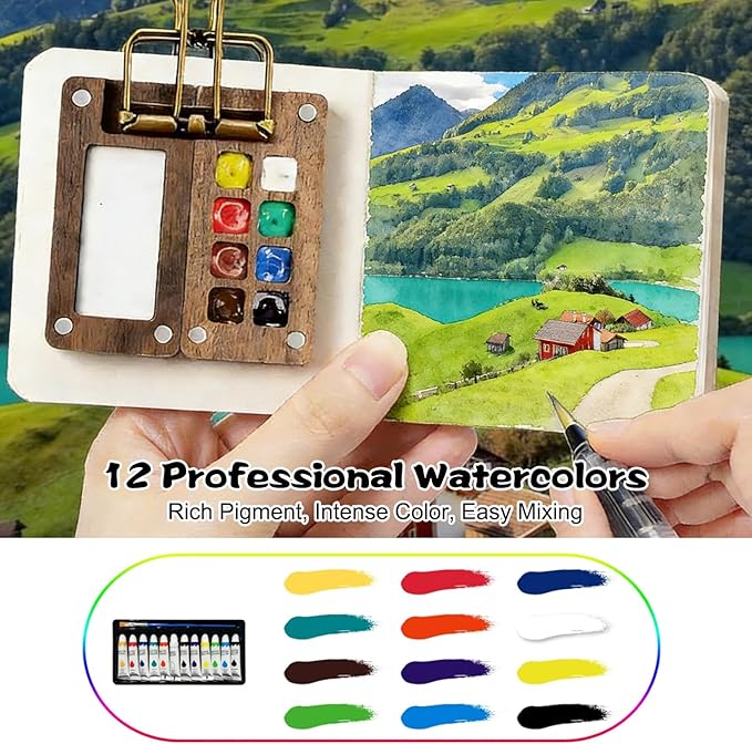Mini Watercolor Paint Set, Travel Watercolor Kit,2026 New Mini Watercolor Travel Set for Beginners and Artist with Sketchbook (8-Grids) 2026 new mini watercolor travel set