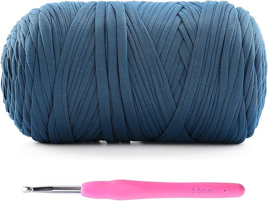 1 Pack T-Shirt Crochet Yarn for DIY Knitting Crochet Cloth Blanket Bag Dolls - 400g Chunky Thick Yarn for Crocheting with Polyester-Spandex Blend Elastic Fabric (Denim Blue)