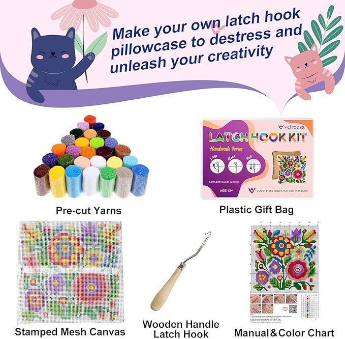 veirousa Colorful Flowers Latch Hook Kits for Adults Beginners - Latch Hook Pillow Kit Pre-Printed Mesh Latch Hook Rug Kits Craft Cushion Set for Home Sofa Decoration 17x17 in. DIY Gift for Mom