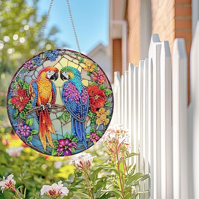 Wergund 5D DIY Parrot Diamond Art Hanging Kits, Hanging Diamond Art Bird, Acrylic Special Shaped Rhinestone, Window Hanging Pendants for Home Wall Garden Front Door Outdoor Decor Gift(Parrot)