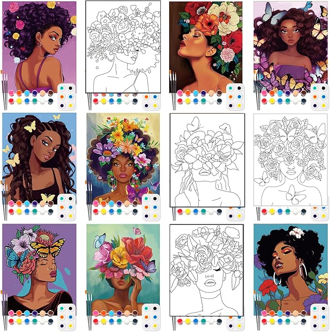 Ctosree 12 Pack Pre Drawn Canvas Kit for Painting Sip and Art Paint Kit for Adults Pre Painted Canvas Party Favors for DIY Holiday Party Date Night Gifts(Flower Lady,10 x 8 Inch)