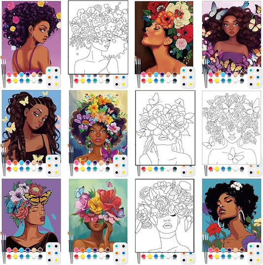Ctosree 12 Pack Pre Drawn Canvas Kit for Painting Sip and Art Paint Kit for Adults Pre Painted Canvas Party Favors for DIY Holiday Party Date Night Gifts(Flower Lady,10 x 8 Inch)