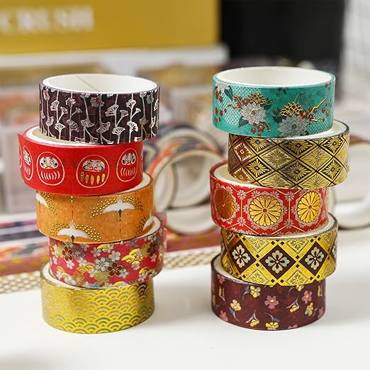 10 Rolls Sakura Washi Tape Set Japanese Arts Adhesive Tapes Gold Silver Foil Decorative Masking Tape Sets for Craft, Kids, Scrapbook, DIY, Gift Wrapping (Golden Kimono)