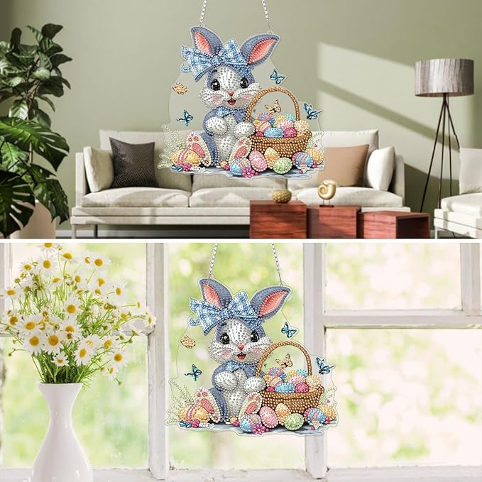 MXJSUA Easter Bunny Diamond Art Hanging Kits for Adults Beginners, Crystal Diamond Suncatchers, Special Shape Diamond Painting Pendant Window Ornament Gifts for Home Garden Door Wall Decor