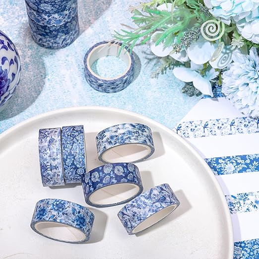 12 Rolls Blue Floral Washi Tape Chinoiserie Flower Bird Decorative Masking Tape Set Blue White Wrapping Paper Tape for Scrapbook Journal DIY Art Crafts