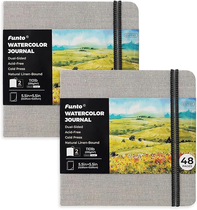 Funto Watercolor Journal, Square, 5.5x5.5, Portable 2-Pack, 48 Pages Each, Gray Cover, 110lb/230gsm, Art Supplies for Mixed Media