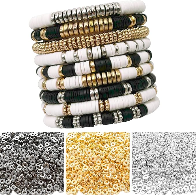 6mm Flat Round Spacer Beads, Clay Beads for Bracelets Making Kit, Heishi Polymer Flat Disc Spacer Beads for Jewelry Making, Clay Beads for Jewelry Making Gold Beads Silver (3000pcs)