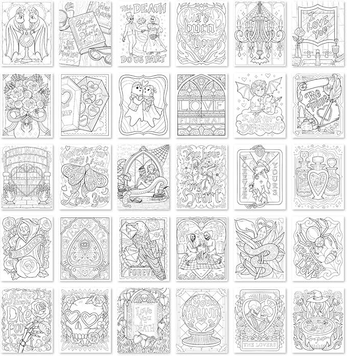 Conquest Journals Waiting for The Night Gothic Love Coloring Book, Goth Valentine's Day-Inspired Designs to Color, 30 Perforated Pages, Top-Spiral, Durable Bookboard-Wrapped Back Cover, 8'' x 10.5''
