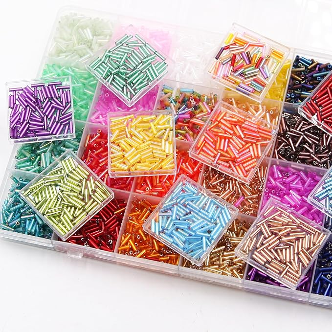 Tube Seed Beads 7mm Crafts Glass Bugle Beads with for Jewelry Making Embroidery Decoration (28 Colors, 8400pcs)