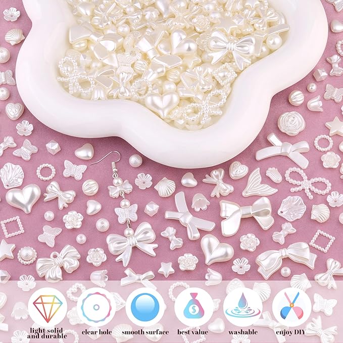 270-320pcs tinkrstuff assorted acrylic beads, mix abs imitation pearl cute beads for bracelet making, bow aesthetic flower butterfly kawaii charms for jewelry making diy necklace keychain phone charm