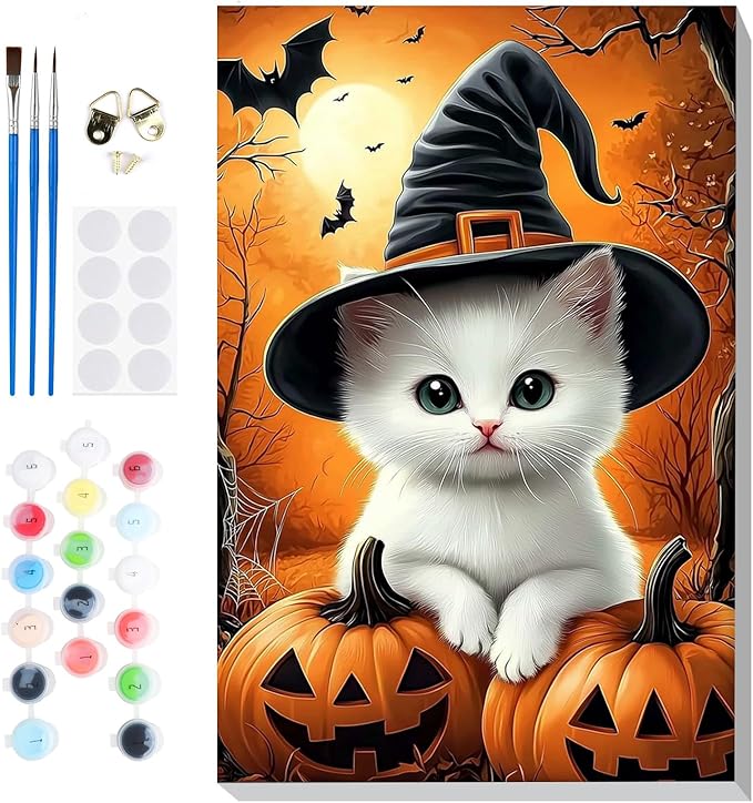 Bowetile Halloween Framed Paint by Numbers for Adults, Adults' Paint-by-Number Cat Kits on Canvas, Easy Acrylic Pumpkin Number Painting Crafts Kits Halloween Gifts for Home Decor, 8x12in
